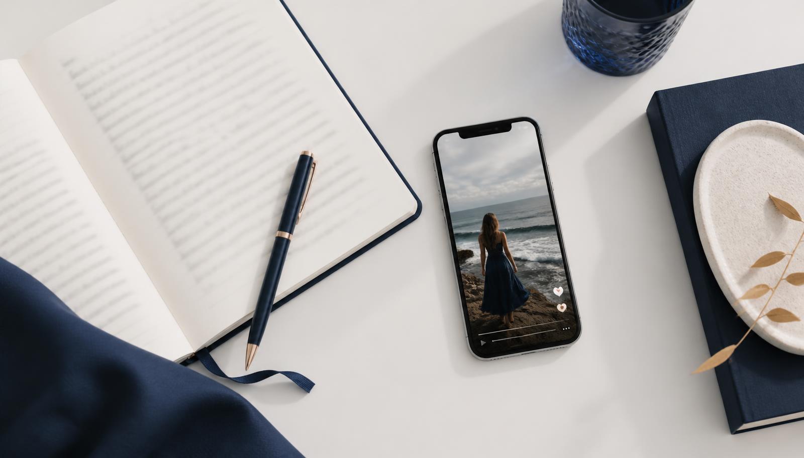 Overhead flat lay of an open notebook, navy pen and a phone playing a vertical video ad