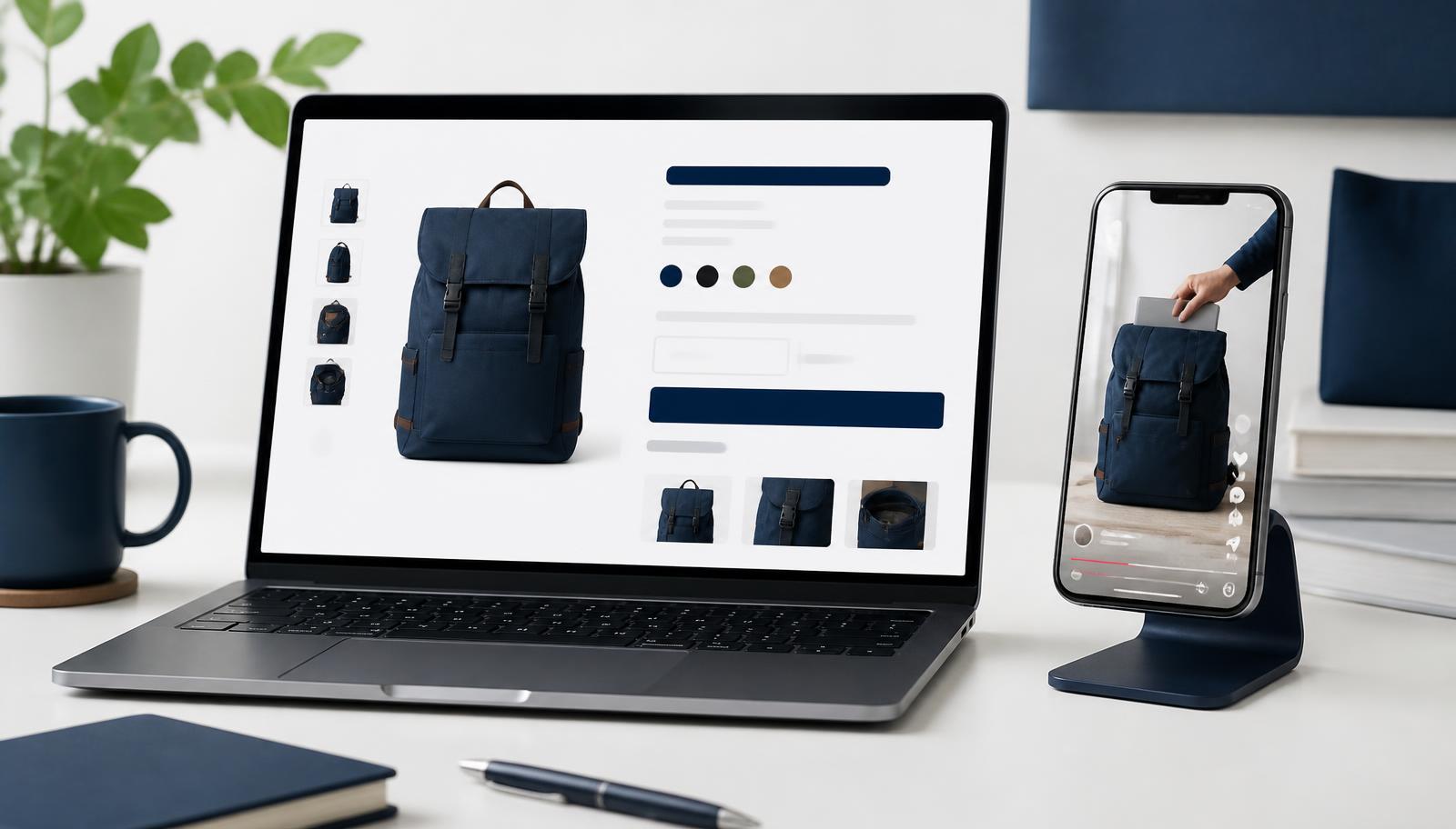 Laptop showing an e-commerce product page next to a phone playing a vertical video ad of the same product