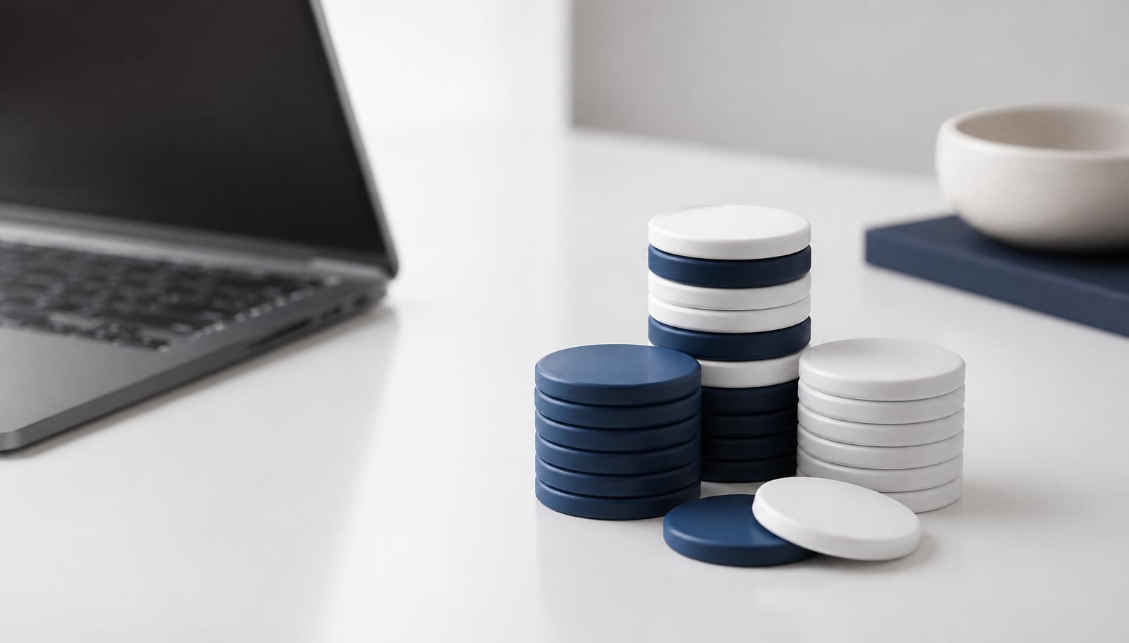 Stacks of navy blue and white tokens on a white desk beside a laptop