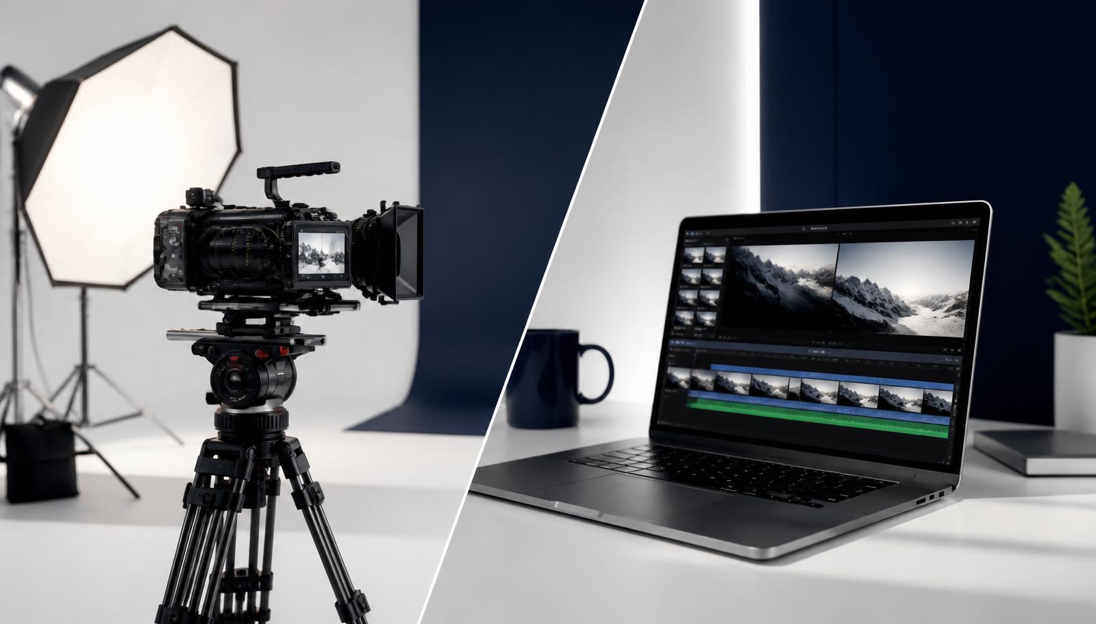Split image of a professional cinema camera with softbox lighting beside a laptop editing video clips