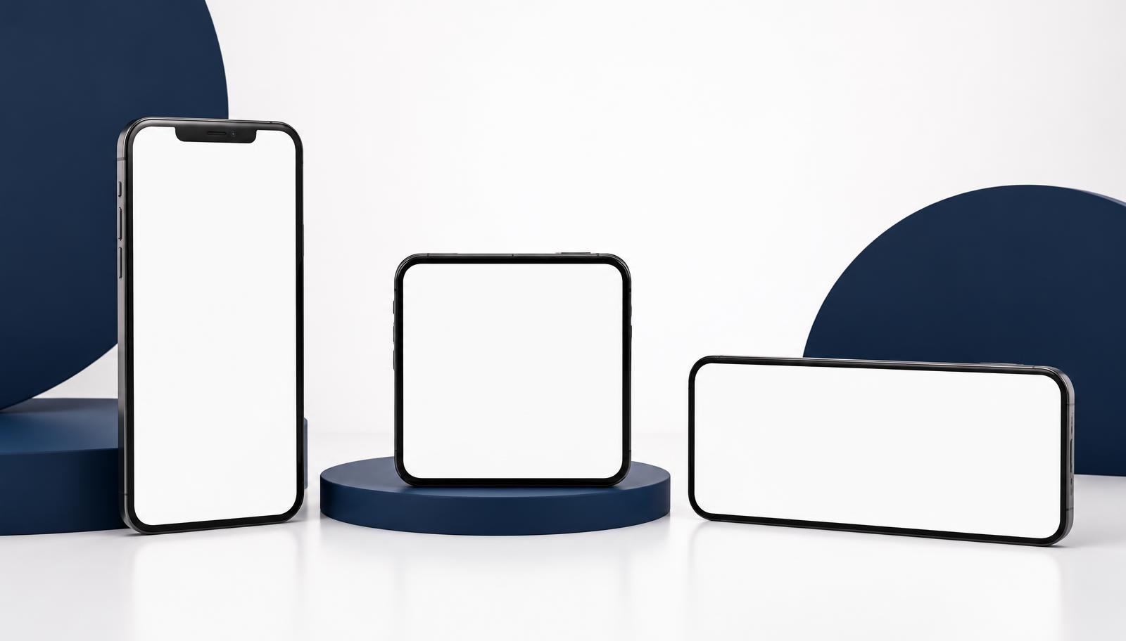 Three phones displaying blank vertical, square and widescreen video frames on navy podiums