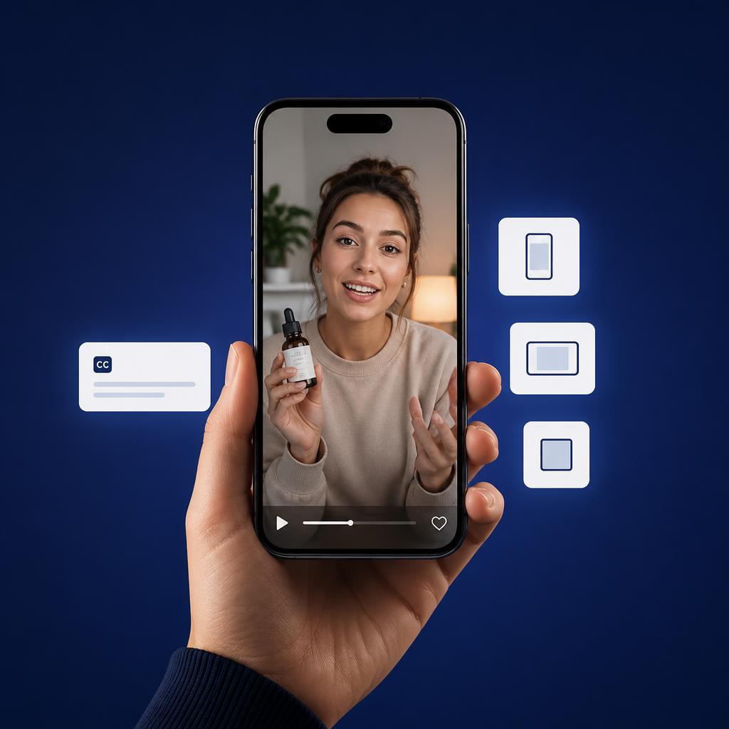 Smartphone playing a vertical AI-generated video ad with caption and aspect-ratio options