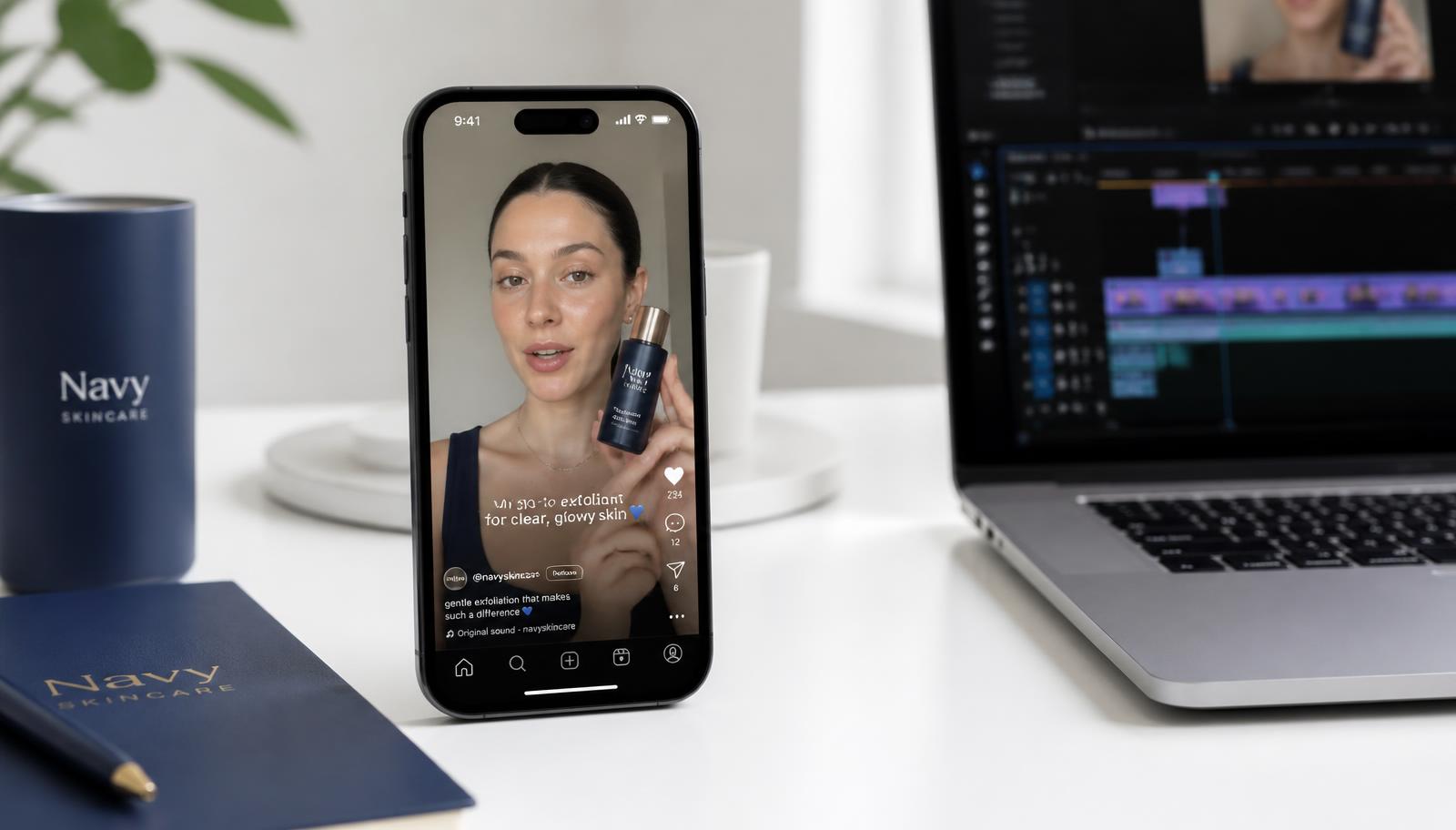 Smartphone on a white desk playing a vertical UGC-style skincare ad next to a laptop showing a video editing timeline